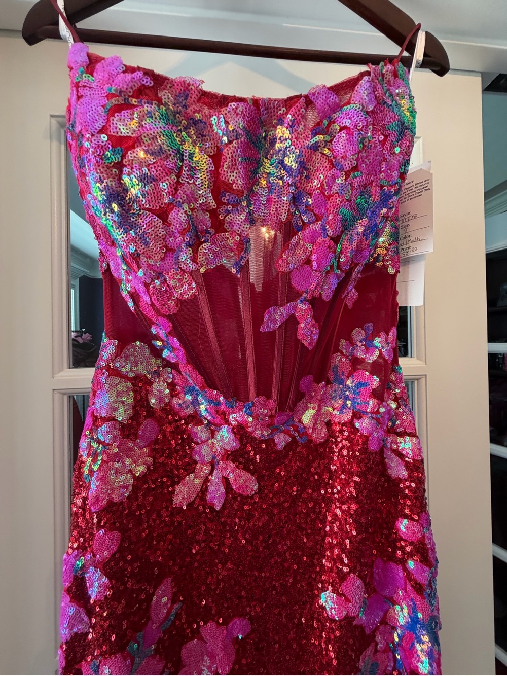 Red Sequin Gown with Pink Floral Appliqué - Picture 4 of 5
